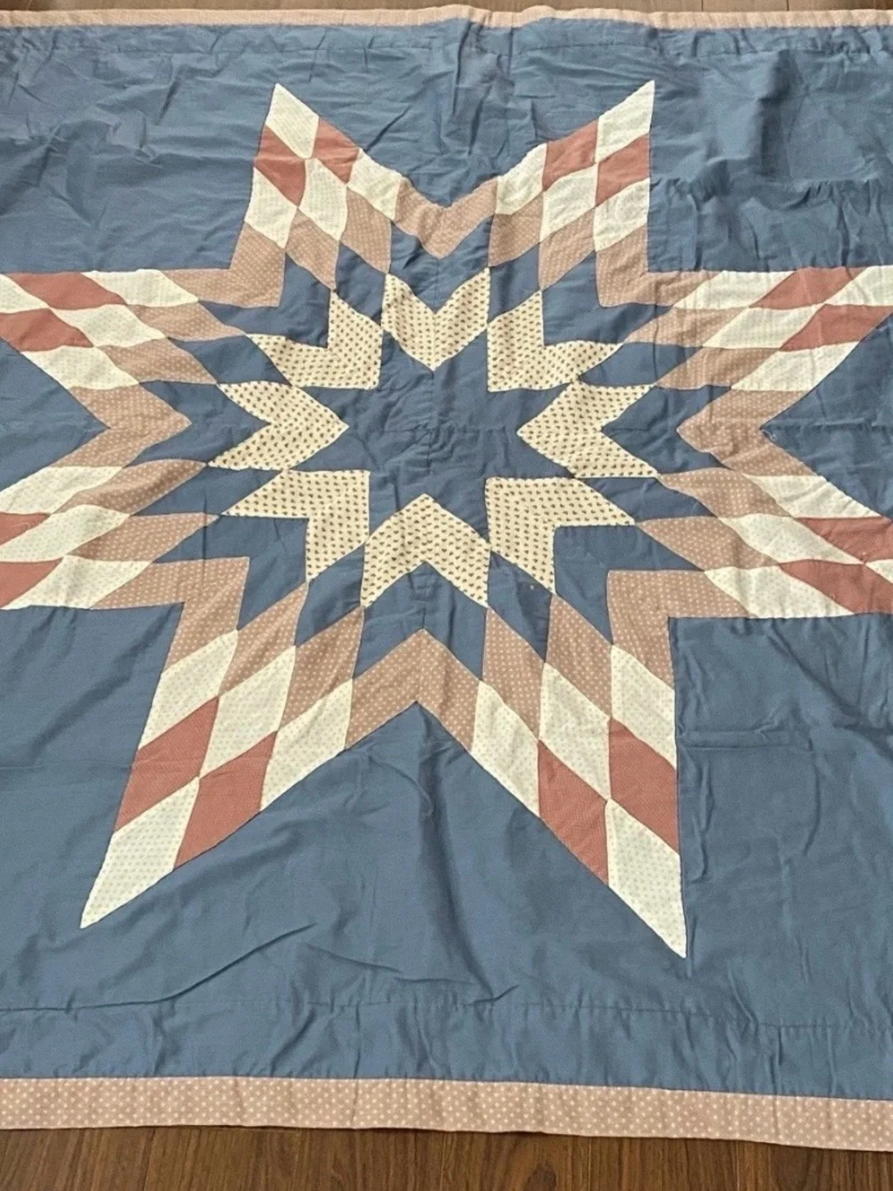 Vintage Handmade Lone Star Quilt 62x67 Star Of Bethlehem Blue Pink Cotton